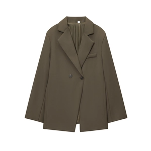Deep olive double-breasted oversized blazer with notch lapels for a slim fit look