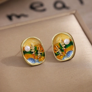 French vintage style square pearl earrings with green oil painting sunset design
