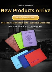 Detailed display of assorted PU leather passport covers in six vibrant colors with embossing