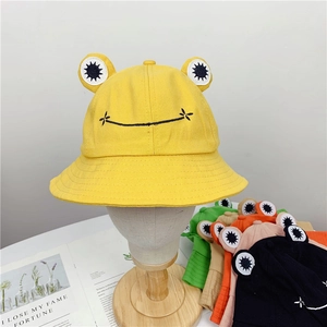 Selection of colorful cotton frog bucket hats featuring cute 3D eyes and embroidered details
