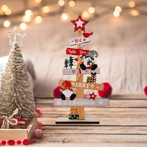 Wooden Christmas tree tabletop decor with Santa Gnome and We Wish You A Merry Christmas text