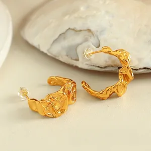 Artistic 18K gold plated lava texture irregular C-shaped earrings with accessories