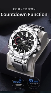Detail of SYMEI dual display sport watch with silicone strap in premium blue gift box