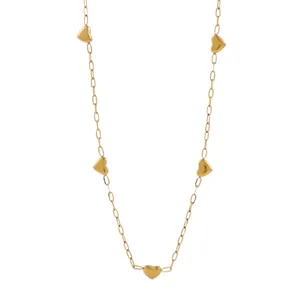 Golden paperclip chain necklace with five solid heart pendants in a minimalist style