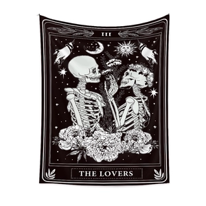 Bohemian tarot tapestry featuring the lovers skeleton design in black and white art