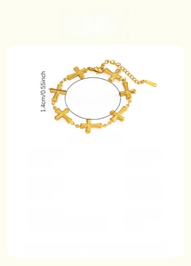 Detail showing 18k gold plated stainless steel cross bracelet with size measurements