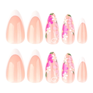 Floral French almond press-on nails with pink and white petal designs, 10-piece set