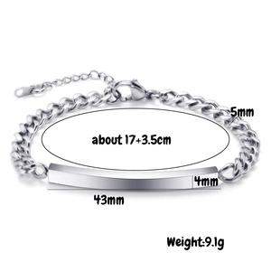 Detailed view of silver stainless steel cuban chain bracelet with engravable metal plate