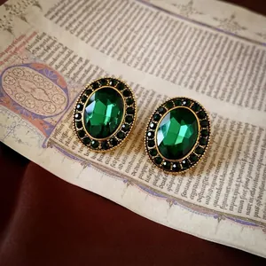 Vintage Oval Stud Earrings For Women Emerald Green Rhinestone Crystal Alloy Gold Plated Silver Earring Post Retro Luxury