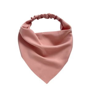Pink satin fabric triangle headscarf with elastic band shown on plain white background