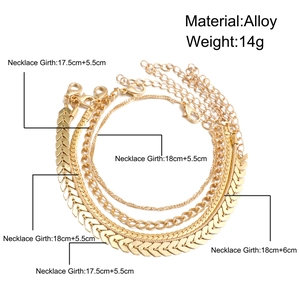 Detail view of golden multi-layer alloy chain necklace set with size specifications