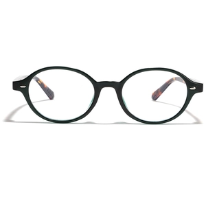 Classic oval retro glasses with black frames and tortoiseshell temples on white background