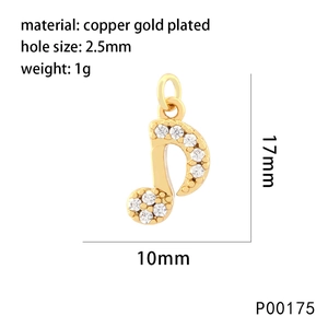 Detail of 17mm gold plated copper musical note pendant with sparkling zircon inlay