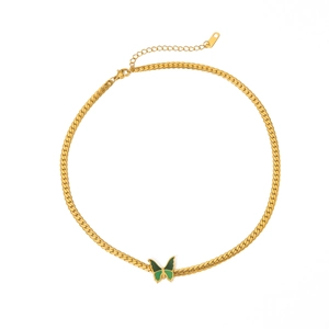 French vintage 18k gold plated stainless steel necklace with green butterfly pendant