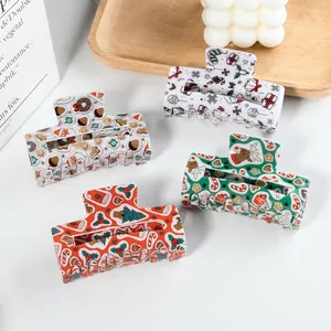 Christmas Hair Claw Clips Plastic Large Square Rectangular Print Reindeer Santa Tree Holiday Party Accessories For Women