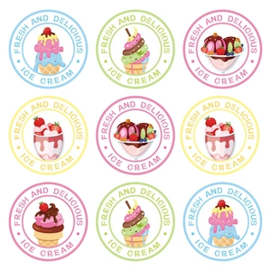 Set di nove etichette regalo colorate per gelato con motivi freschi e deliziosi
