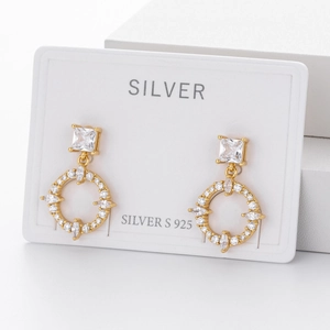 Elegant S925 sterling silver gold earrings with clear cubic zirconia on white background
