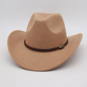 Detail of camel wool felt cowboy hat featuring a braided leather band and bronze buckle