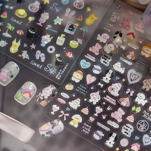 3D embossed nail stickers featuring cute dogs, cats, and summer themed relief patterns
