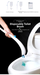Detail view of a white disposable toilet brush with blue button and cleaning refills