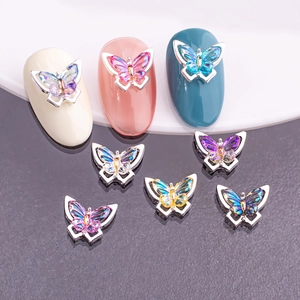 Gradient Aurora Butterfly Nail Art Charms with crystal rhinestones on polished metal base