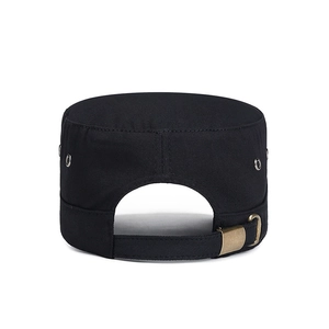Adjustable black cotton flat top army cap featuring metal buckle and side air vents