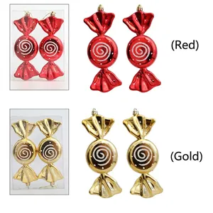Set of 2 oversized red and gold electroplated Christmas candy tree ornaments with white swirls