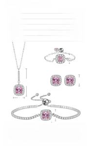Detailed view of S925 silver jewelry set featuring pink square-cut zircon and white diamonds