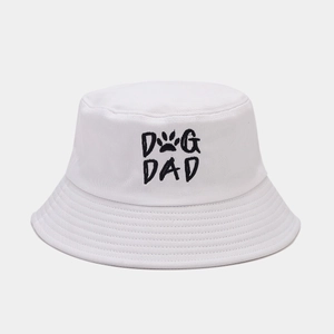 Cappello a secchiello bianco in cotone con ricamo DOG DAD nero e zampa per protezione solare
