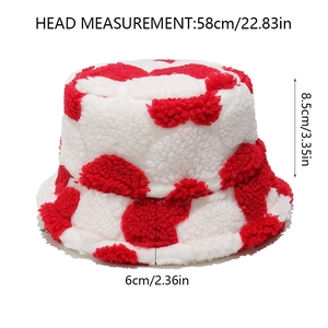 Detailed size specifications for cow print plush bucket hat with dimension markings
