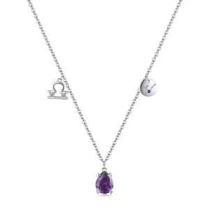 Elegante S925 Silber Waage Halskette mit lila Tropfen-Edelstein und Tierkreis-Anhängern