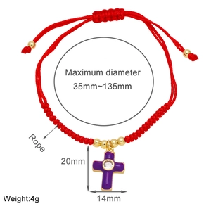 Detailed dimension guide for red cord bracelet with purple cross and gold beads