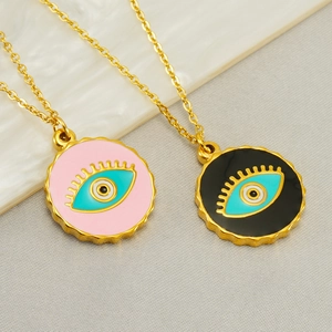 Golden titanium steel evil eye necklaces with pink and black enamel circle pendants