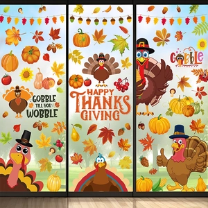 Detailed Thanksgiving window decals set with cartoon turkey and autumn maple leaf motifs