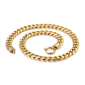 Stainless Steel Cuban Link Chain Necklace 18K Gold Plated Hip Hop Style With Rhinestone Encrusted Spring Clasp For Men