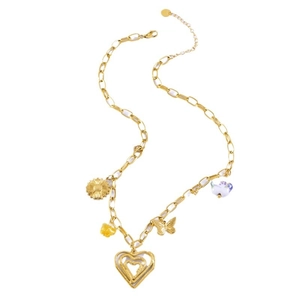Golden chunky chain necklace with heart, butterfly and sunflower charms and crystals
