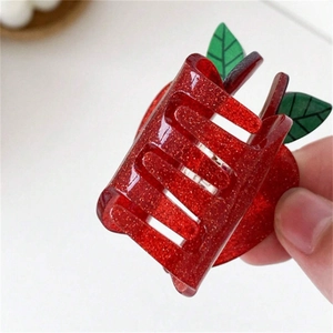 Glittery red apple shaped acrylic hair claw clip with green leaves for women