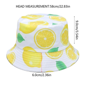 Detailed dimensions of lemon print sun hat showing crown height and brim width