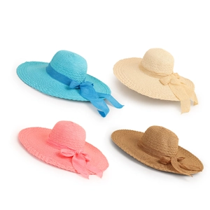 Women's wide brim straw sun hats with ribbon bow in light blue, white, pink and brown