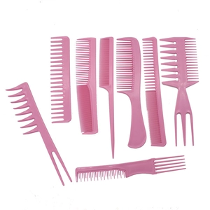 Pink 9-piece hair comb set with various styling tools for daily home hair care use
