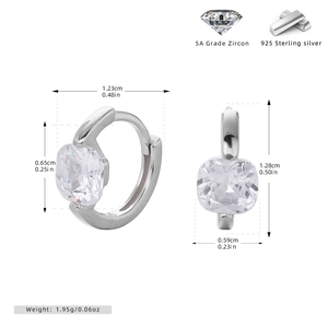 Macro view of S925 sterling silver earrings with square 5A cubic zirconia and dimensions