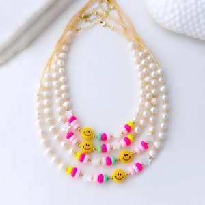 Freshwater Pearl Choker Necklace With Smiley Face Star Charm Gold Plated Brass Beads Colorful Beaded Jewelry For Women
