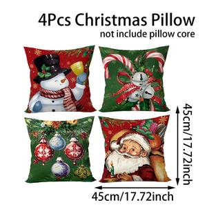 Detailed set of four Christmas pillow covers with Santa and Snowman prints, 45x45cm size