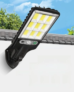 Solar street light with 9-LED panels and adjustable mount for outdoor wall installation