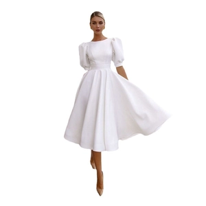 Elegant white satin wedding dress with round neck, puff sleeves and high waist hemline