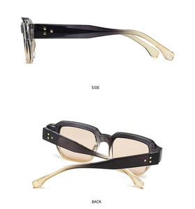 Detail of square sunglasses featuring gradient amber frames and gold star rivets on temples