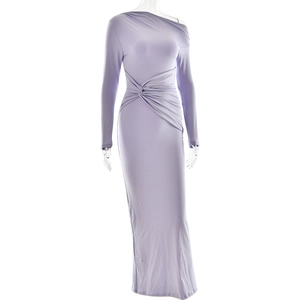 Detail view of the twisted pleats and waist gathering on a lavender off-shoulder dress