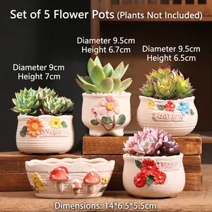 Five-piece set of beige ceramic succulent pots with floral reliefs and mushroom motifs
