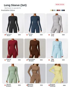 Vue détaillée en grille présentant la collection de 9 couleurs d'ensembles de yoga