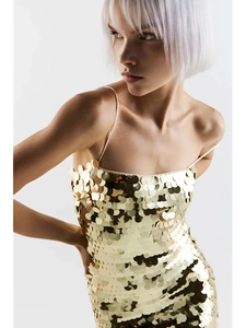 Slim fit gold sequin maxi dress with fishtail scale pattern and spaghetti straps